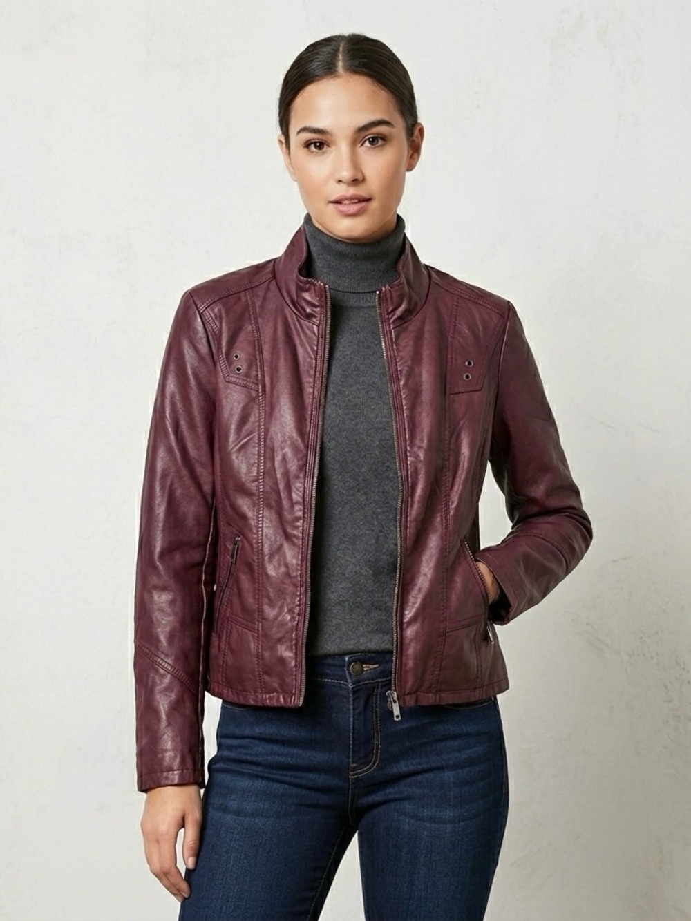 Le Château Burgundy Faux Leather Moto Jacket